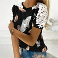 thumbnail image 1 of Wycnly Womens Tops Dressy Casual Sexy Lace Patchwork Lightweight Comfy Basic Fit Pullover Tshirts Summer Short Sleeve Round Neck Tops Feather Print Blouse Gold s, 1 of 5