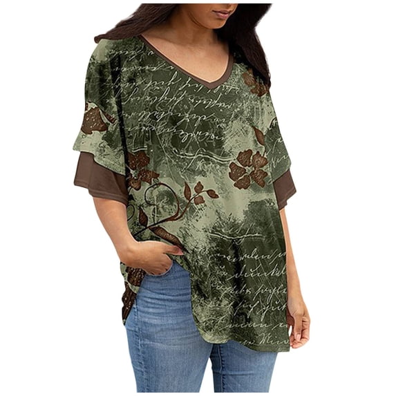 Wycnly Womens Tops Dressy Casual Short Sleeve V-Neck Dragonfly Print Summer Shirts Ruffle Layer Sleeve Vintage Plus Size Pullover Blouse Green M Clearance Clothes