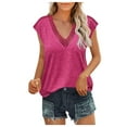 thumbnail image 1 of Wycnly Womens Tops Dressy Casual Short Sleeve V-Neck Solid Summer Shirts Lace Trim Breathable Soft Loose Workout Tops Blouses Hot Pink XL Clearance Clothes, 1 of 6