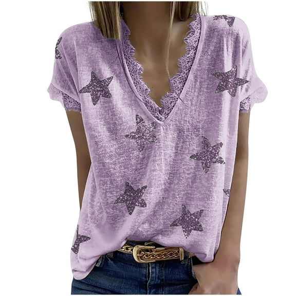 Wycnly Womens Tops Dressy Casual Short Sleeve V-Neck Starfish Print Summer Shirts Plus Size Sexy Lace Trim Comfy Lightweight Blouse Purple L Clothes