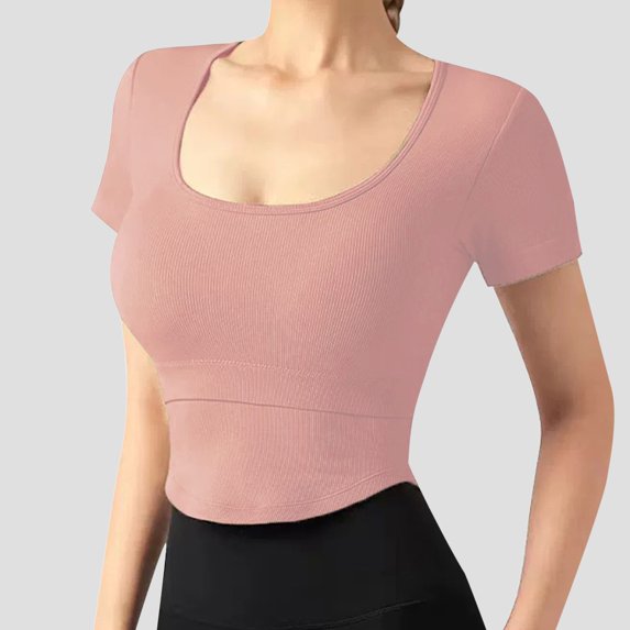 Wycnly Womens Tops Dressy Casual Soft Breathable Knitted Ribbed Workout Sports Slim Fit Tunic Shirts Summer Short Sleeve Round Neck Tops Solid Blouse Pink XL