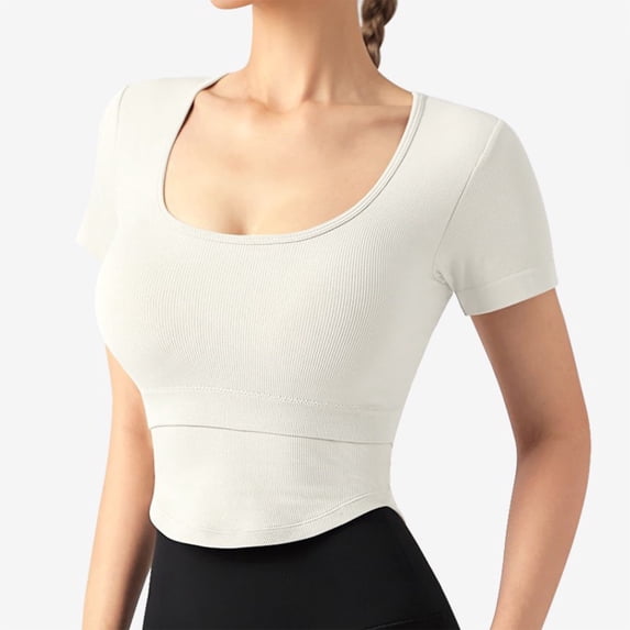 Wycnly Womens Tops Dressy Casual Soft Breathable Knitted Ribbed Workout Sports Slim Fit Tunic Shirts Summer Short Sleeve Round Neck Tops Solid Blouse White l
