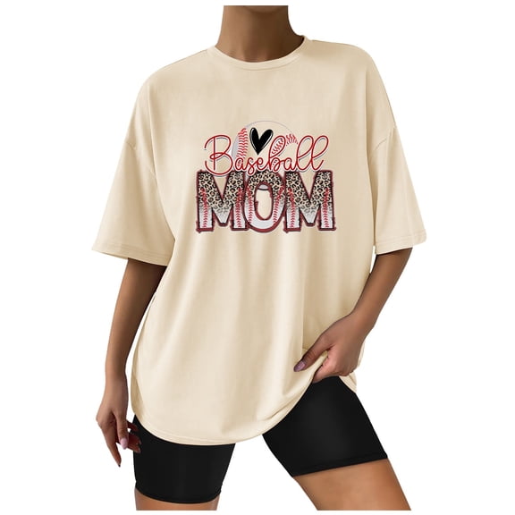 Wycnly Womens Tops Dressy Casual Summer Crewneck Baseball Mom Letter Print Tees Baseball Mom Letter Print Shirts Vintage Drop Shoulder Oversized Pullover Blouses Khaki xxl Under $5