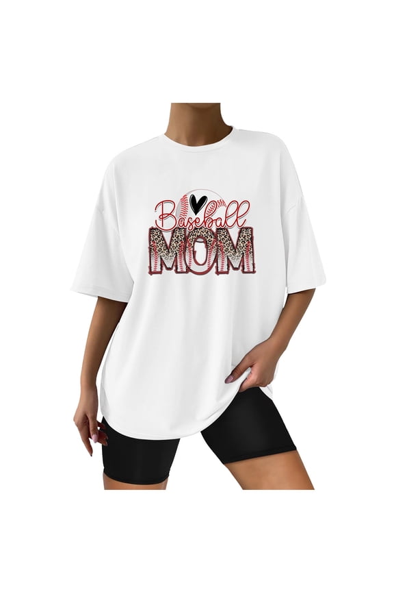 Womens Tops Dressy Casual Summer Crewneck Baseball Mom Letter Print Tees Baseball Mom Letter Print Shirts Vintage Drop Shoulder Oversized Pullover Blouses White xxl Under $5