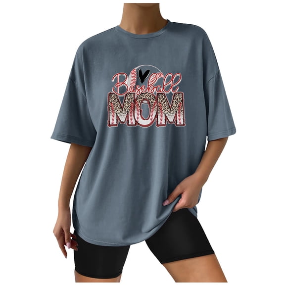 Wycnly Womens Tops Dressy Casual Summer Crewneck Baseball Mom Letter Print Tees Baseball Mom Letter Print Shirts Vintage Drop Shoulder Oversized Pullover Blouses Gray xxl Under $5