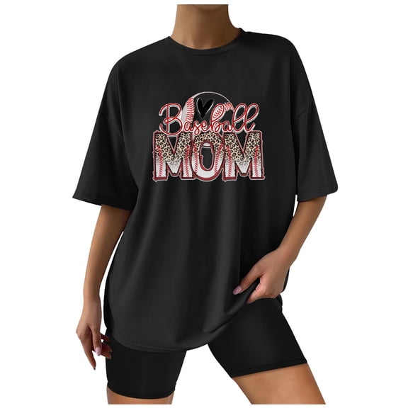 Wycnly Womens Tops Dressy Casual Summer Crewneck Baseball Mom Letter Print Tees Baseball Mom Letter Print Shirts Vintage Drop Shoulder Oversized Pullover Blouses Black xxl Under $5