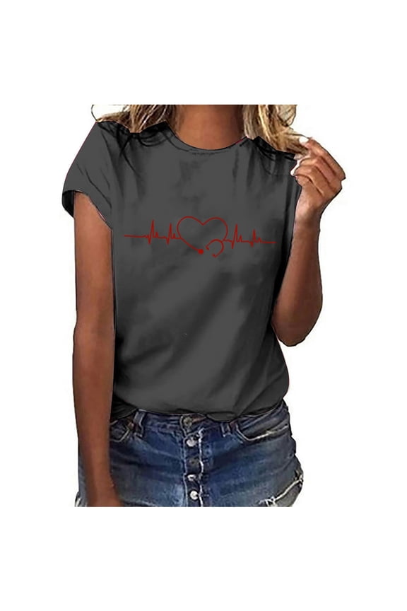 Womens Tops Dressy Casual Summer Crewneck ECG Print Tees ECG Print Shirts Nures's Day Ladies Loose Fit Graphics Fashion Pullover Blouses Dark Gray s Under $5