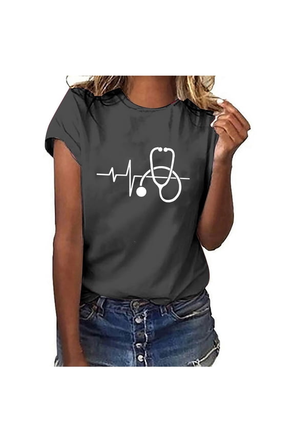 Womens Tops Dressy Casual Summer Round Neck ECG Print Tees ECG Print Shirts Nures's Day Ladies Loose Fit Graphics Cute Pullover Blouses Dark Gray s Under $5