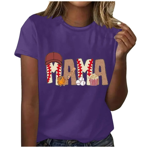 Wycnly Womens Tops Dressy Casual Summer Round Neck Mama Letter Print Tees Mama Letter Print Shirts Mother's Day Loose Breathable Ladies Fashion Pullover Blouses Purple s Clearance Under $5