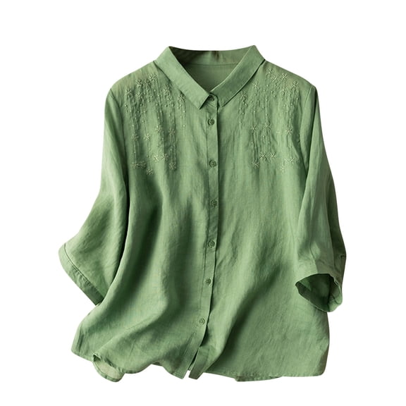 Wycnly Womens Tops Dressy Casual Vintage Cotton Linen Embroidery Plus Size Lapel Button Down Cardigan Shirts Summer Short Sleeve Round Neck Tops Solid Blouse Green XXL