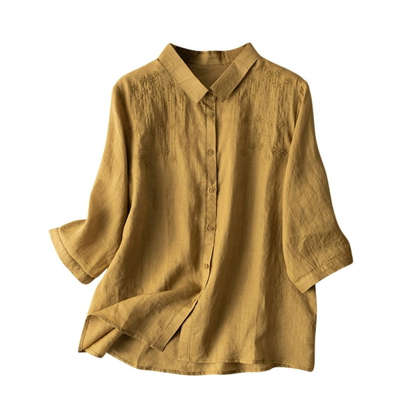 Wycnly Womens Tops Dressy Casual Vintage Cotton Linen Embroidery Plus Size Lapel Button Down Cardigan Shirts Summer Short Sleeve Round Neck Tops Solid Blouse Yellow XXL