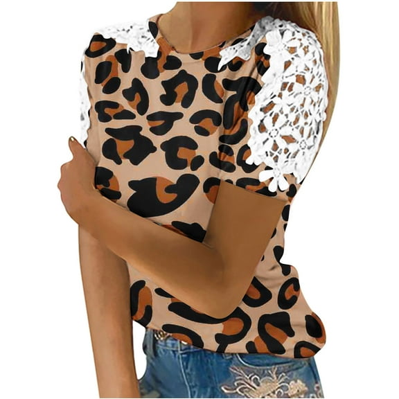Wycnly Womens Tops Dressy Casual Vintage Floral Lace Patchwork Comfy Lightweight Going out Tunic Shirts Summer Short Sleeve Round Neck Tops Leopard Print Blouse Coffee m
