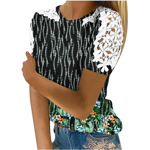 Wycnly Womens Tops Dressy Casual Vintage Floral Lace Patchwork Comfy Lightweight Going out Tunic Shirts Summer Short Sleeve Round Neck Tops Leopard Print Blouse Black m