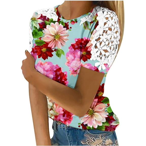 Wycnly Womens Tops Dressy Casual Vintage Floral Lace Patchwork Comfy Lightweight Going out Tunic Shirts Summer Short Sleeve Round Neck Tops Leopard Print Blouse Blue XXL