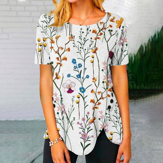 Wycnly Womens Tops Dressy Casual Vintage Striped Irregular Button Hem Breathable Comfy Tunic Shirts Summer Short Sleeve Crewneck Tops Floral Print Blouse Multicolor XXL