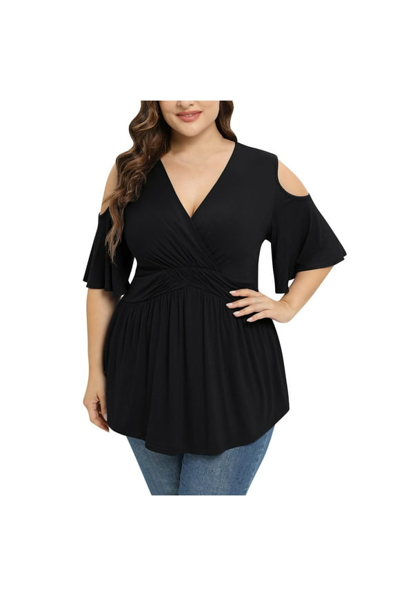 Womens Tops Empire Waist Plus Size Swing Cold Shoulder Tunic Shirts Summer Casual Short Sleeve V-Neck Floral Print Blouse Black XXL