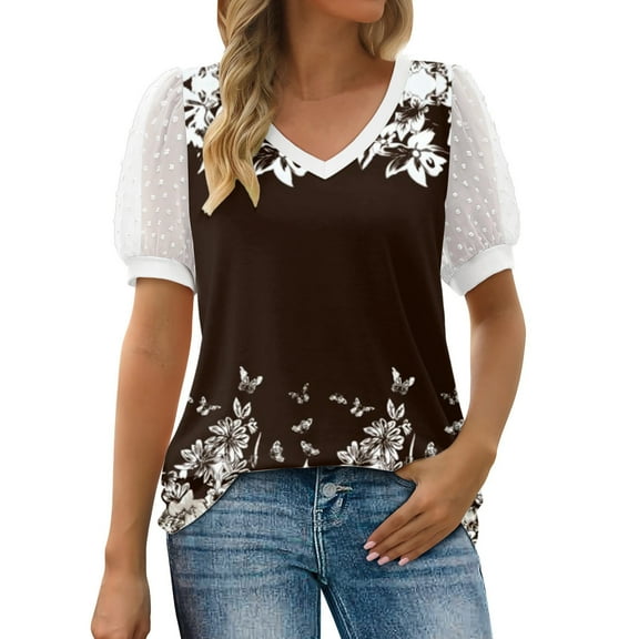 Wycnly Womens Tops Fashion Mesh Patchwork Lightweight Comfy Tunic Tshirts Summer Casual Butterfly Print V-Neck Short Sleeve Blouse Brown s