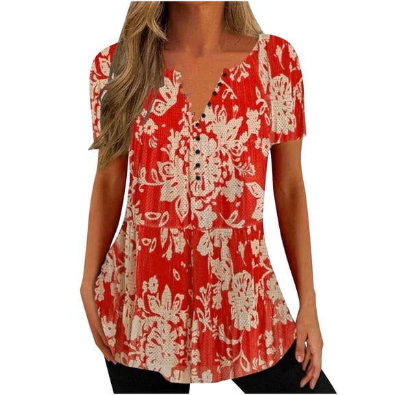 Wycnly Womens Tops Fashion Single Breasted Lightweight Tunic Shirts Summer Casual Short Sleeve V-Neck Floral Print Blouse Orange s