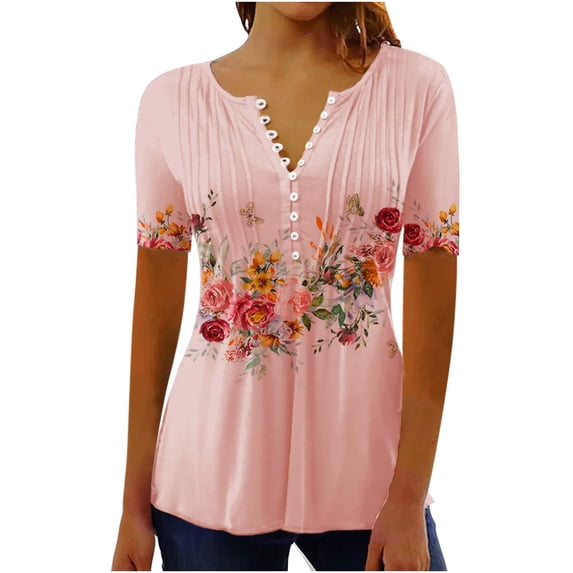 Wycnly Womens Tops Fashion Single Breasted Smocked Lightweight Tunic Shirts Summer Casual Short Sleeve V-Neck Floral Print Blouse Pink l
