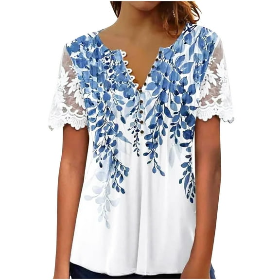 Wycnly Womens Tops Floral V-Neck Short Sleeve Tee Shirts Summer Fashion Lace Trim Buckle Lightweight Tunic Blouses Light Blue L Under $5