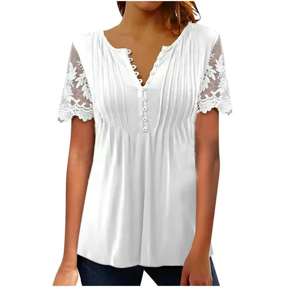Wycnly Womens Tops Floral V-Neck Short Sleeve Tee Shirts Summer Fashion Lace Trim Buckle Lightweight Tunic Blouses White L Under $5
