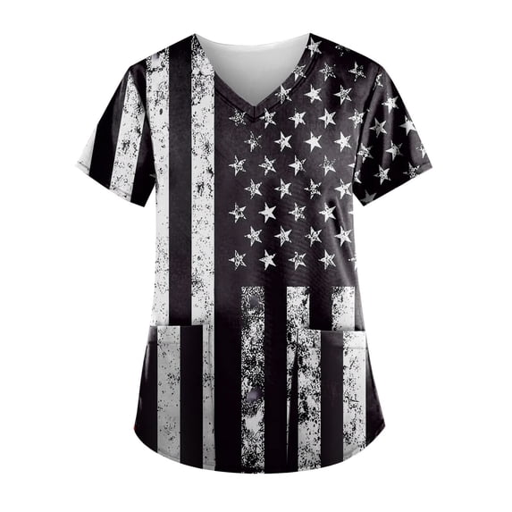 Wycnly Womens Tops Independence Day Pocket Patriotic Nurse's Tunic Shirts Summer Casual Star Flag Print V-Neck Short Sleeve Blouse Black l
