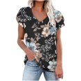 thumbnail image 1 of Wycnly Womens Tops Loose Fit Comfy Breathable Petal Sleeve Vintage Tshirts Summer Casual Floral Print V-Neck Short Sleeve Blouse Black XL, 1 of 4
