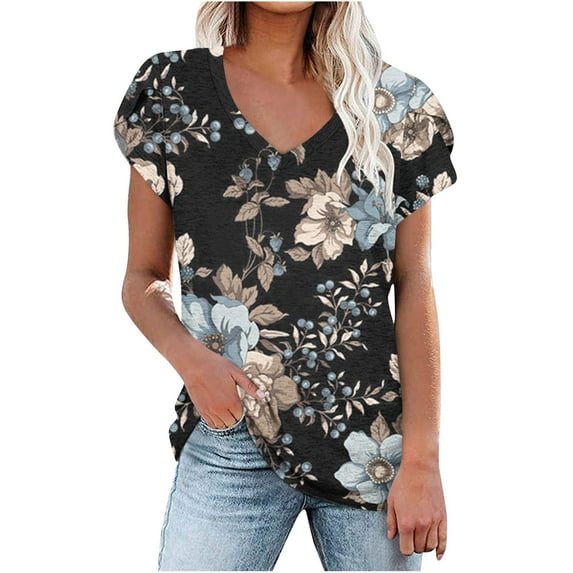 Wycnly Womens Tops Loose Fit Comfy Breathable Petal Sleeve Vintage Tshirts Summer Casual Floral Print V-Neck Short Sleeve Blouse Black XXL