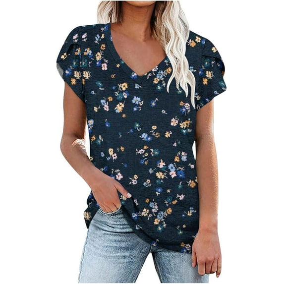 Wycnly Womens Tops Loose Fit Comfy Breathable Petal Sleeve Vintage Tshirts Summer Casual Floral Print V-Neck Short Sleeve Blouse Light Blue s