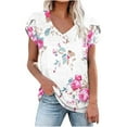 thumbnail image 1 of Wycnly Womens Tops Loose Fit Comfy Breathable Petal Sleeve Vintage Tshirts Summer Casual Floral Print V-Neck Short Sleeve Blouse White s, 1 of 4
