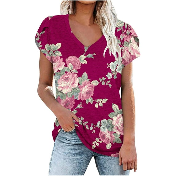 Wycnly Womens Tops Loose Fit Comfy Breathable Petal Sleeve Vintage Tshirts Summer Casual Floral Print V-Neck Short Sleeve Blouse Wine m