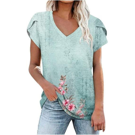 Wycnly Womens Tops Petal Sleeve Loose Fit Breathable Vintage Tee Shirts Summer Casual Floral Print V-Neck Short Sleeve Blouse Light Blue l