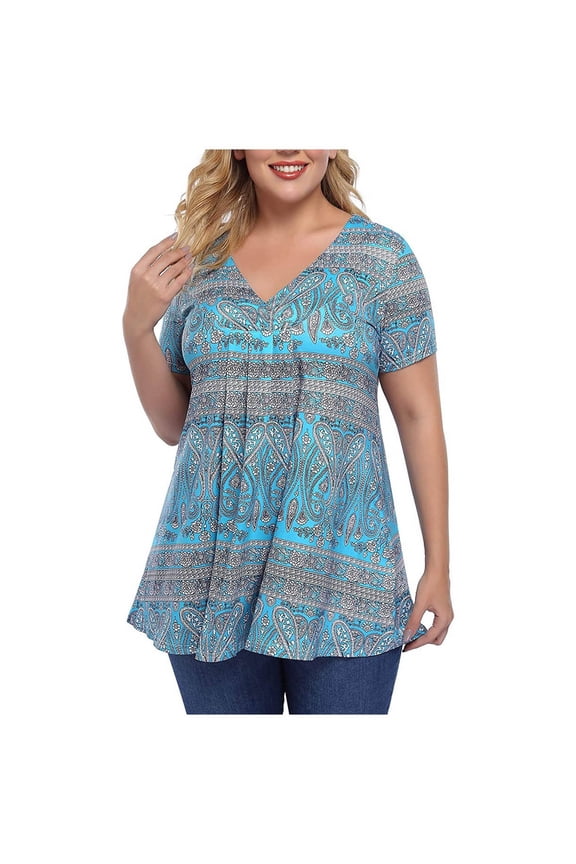 Womens Tops Plus Size Vintage Pleated Swing Tunic Shirts Summer Casual Floral Print V-Neck Short Sleeve Blouse Gray XXXL