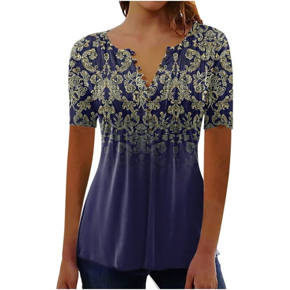 Wycnly Womens Tops Single Breasted Smocked Lightweight Swing Hem Tunic Shirts Summer Casual Short Sleeve V-Neck Floral Blouse Purple s