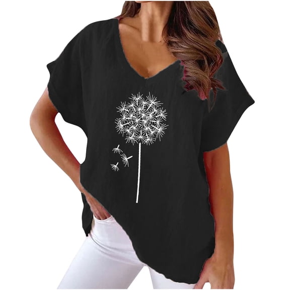 Wycnly Womens Tops Soft Breathable Cotton Linen Fashion Plus Size Tshirts Summer Casual Dandelion Print V-Neck Short Sleeve Blouse Black m