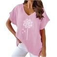 thumbnail image 1 of Wycnly Womens Tops Soft Breathable Cotton Linen Fashion Plus Size Tshirts Summer Casual Dandelion Print V-Neck Short Sleeve Blouse Pink l, 1 of 6