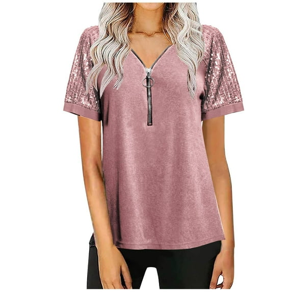 Wycnly Womens Tops Solid V-Neck Short Sleeve Tee Shirts Summer Going Out Sequin Patchwork Quarter Zip Plus Size Tunic Blouses Pink XXXXXL Clearance Under $5