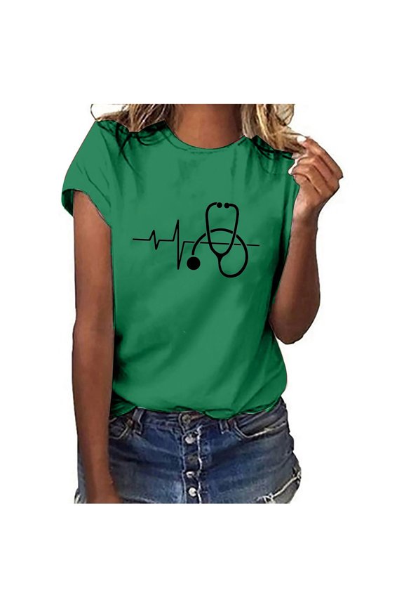 Womens Tops Summer Short Sleeve Round Neck ECG Print Tee Shirts Nures's Day Ladies Loose Fit Graphics Cute Pullover Blouses Green m Under $5