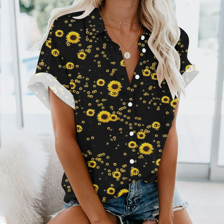 Wycnly Womens Tops Sunflower Print Short Sleeve V-Neck Tee Shirts