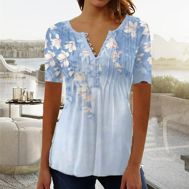 Wycnly Womens Tops Trendy Button up Smocked Going out Comfy Tunic Shirts Summer Cute Floral Print V Neck Short Sleeve Blouses Sky Blue l
