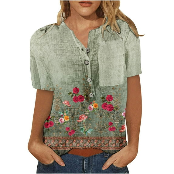 Wycnly Womens Tops Vintage Cotton Linen Button Down Pocket Tee Shirts Summer Casual Floral V-Neck Short Sleeve Blouse Green m