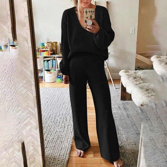 Wycnly Womens V Neck 2 Piece Outfits Fall Long Sleeve Pullover and High Waist Pants Set Casual Solid Homewear Lounge Set under $5