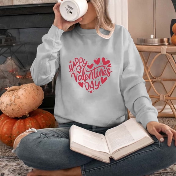 Wycnly Womens Valentine's Day Sweatshirt Crewneck Sweatshirt for Women Happy Valentine's Day Trendy Letter Print Pullover Sweater Ladies Girls Spring Loose Long Sleeve Tops
