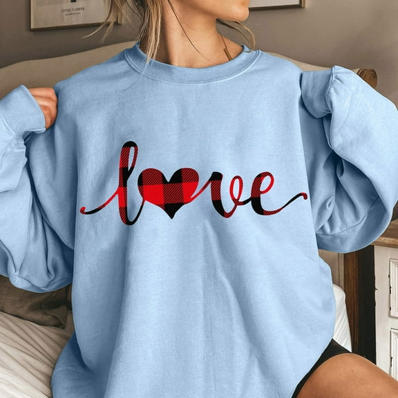 Wycnly Womens Valentine's Day Sweatshirt Womens Crewneck Sweatshirts Valentine's Day Fashion Plaid Love Letter Print Pullover Sweater Ladies Girls Loose Long Sleeve Blouses Tops
