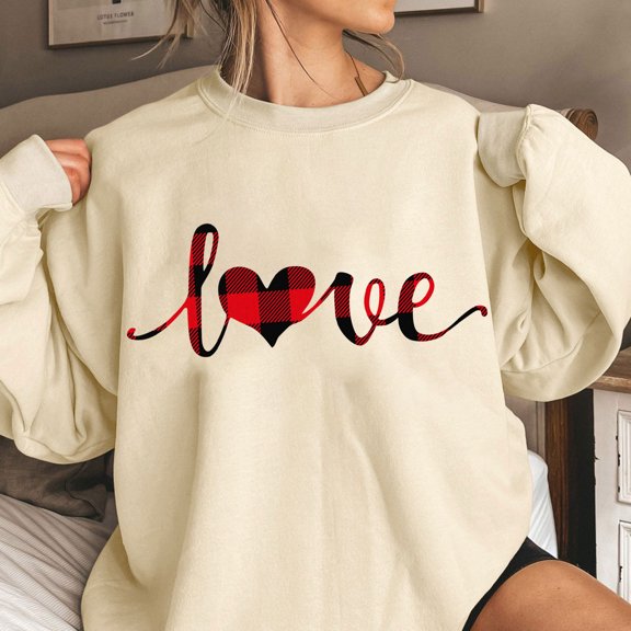 Wycnly Womens Valentine's Day Sweatshirt Womens Crewneck Sweatshirts Valentine's Day Fashion Plaid Love Letter Print Pullover Sweater Ladies Girls Loose Long Sleeve Blouses Tops