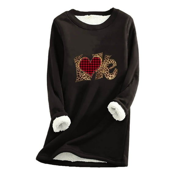 Wycnly Womens Valentine's Day Sweatshirt Womens Fleece Lined Sweatshirts Vintage Plaid Heart Leopard Love Letter Print Plush Sweater Winter Soft Fleece Sherpa Pullover Tops