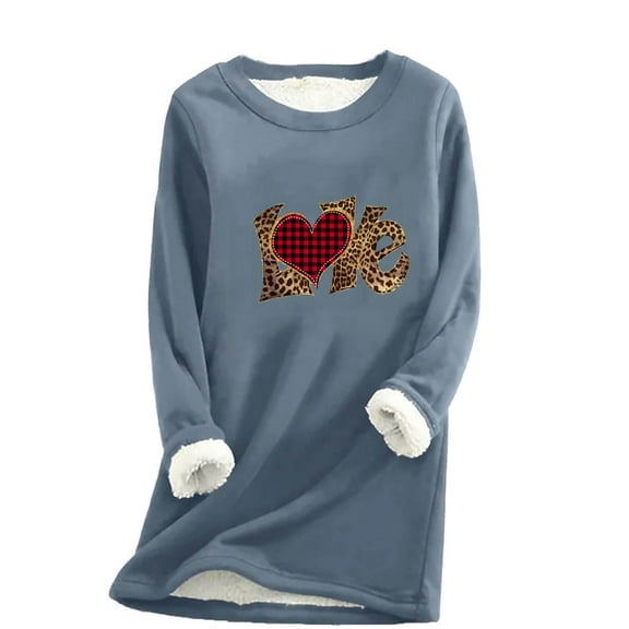 Wycnly Womens Valentine's Day Sweatshirt Womens Fleece Lined Sweatshirts Vintage Plaid Heart Leopard Love Letter Print Plush Sweater Winter Soft Fleece Sherpa Pullover Tops