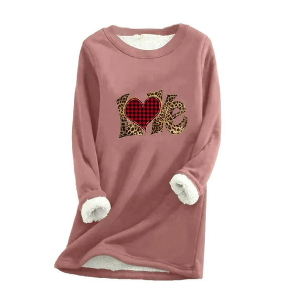 Wycnly Womens Valentine's Day Sweatshirt Womens Fleece Lined Sweatshirts Vintage Plaid Heart Leopard Love Letter Print Plush Sweater Winter Soft Fleece Sherpa Pullover Tops