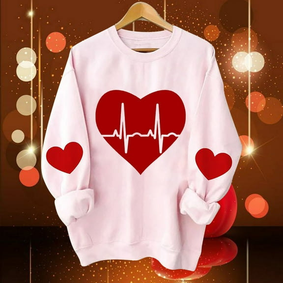 Wycnly Womens Valentine's Day Sweatshirt Womens Pink Valentine's Day Sweatshirts Ladies Fashion ECG Heart Print Fleece Sweatshirts Loose Long Sleeve Crewneck Pullover Sweater Tops