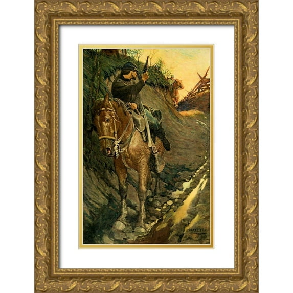 Wyeth, Newell 22x32 Gold Ornate Wood Framed with Double Matting Museum Art Print Titled - I got behind a turn and fired